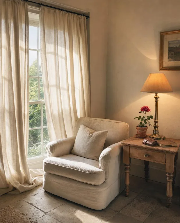 Country farmhouse living room corner with warm cream Farrow and Ball walls, antique brass lamp, and linen armchair