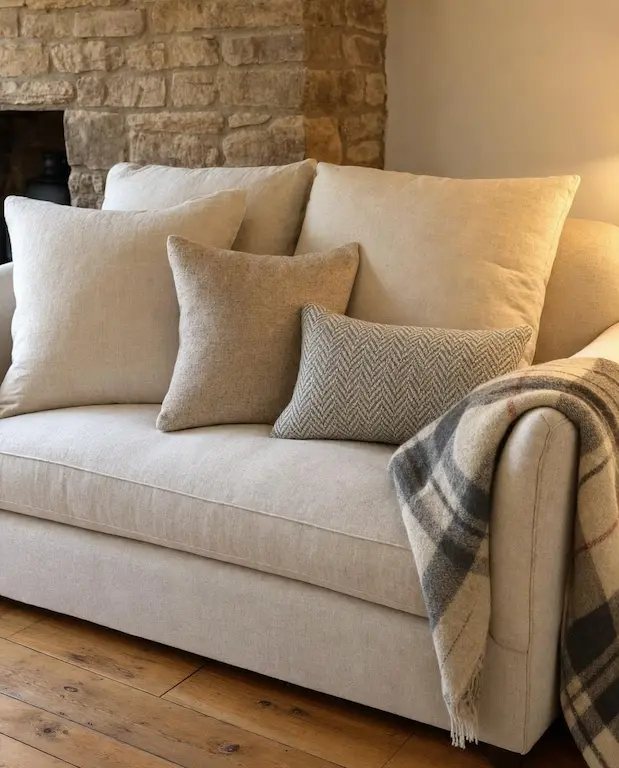 Natural linen sofa with wool throw and cream cushions in a country farmhouse living room with warm cream walls