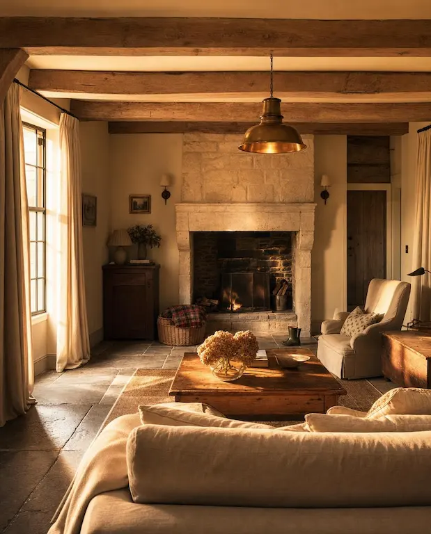 Wide view of a luxurious country farmhouse living room with stone fireplace, antique pine coffee table, and linen curtains