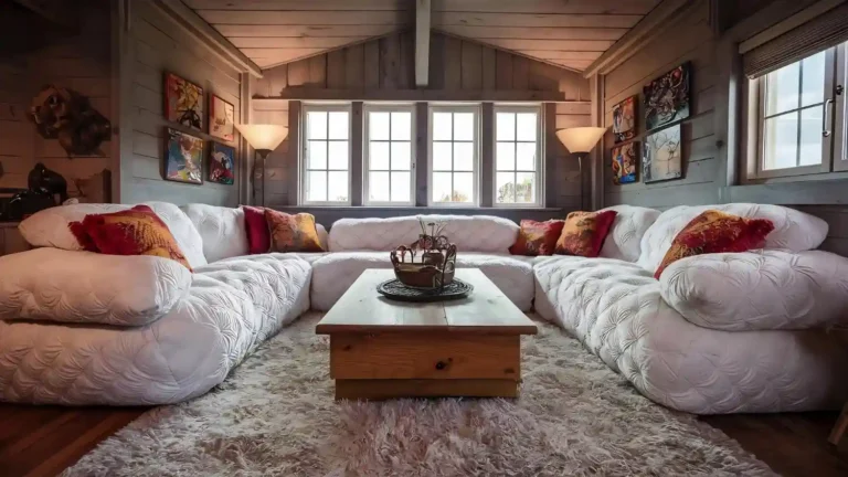 Wide eye-level view of a country farmhouse living room with cream linen sofa, jute rug, and white shiplap accent wall
