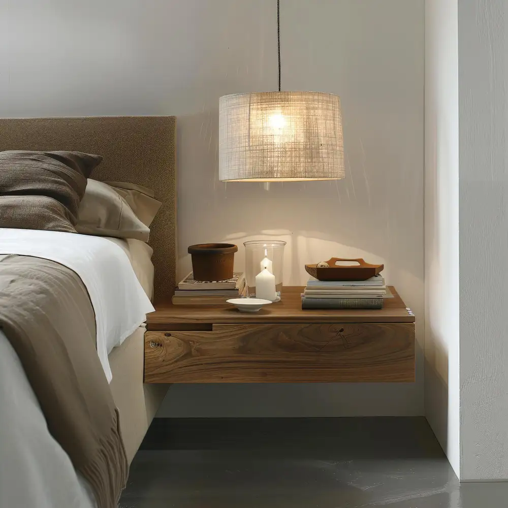 Couples bedroom with symmetrical matching nightstands, two reading lamps, and a calm shared neutral palette