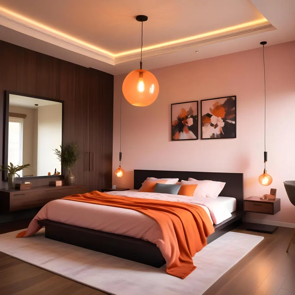 Bedroom with warm-tone walls and soft lamplight showing how to make a bedroom feel cozy
