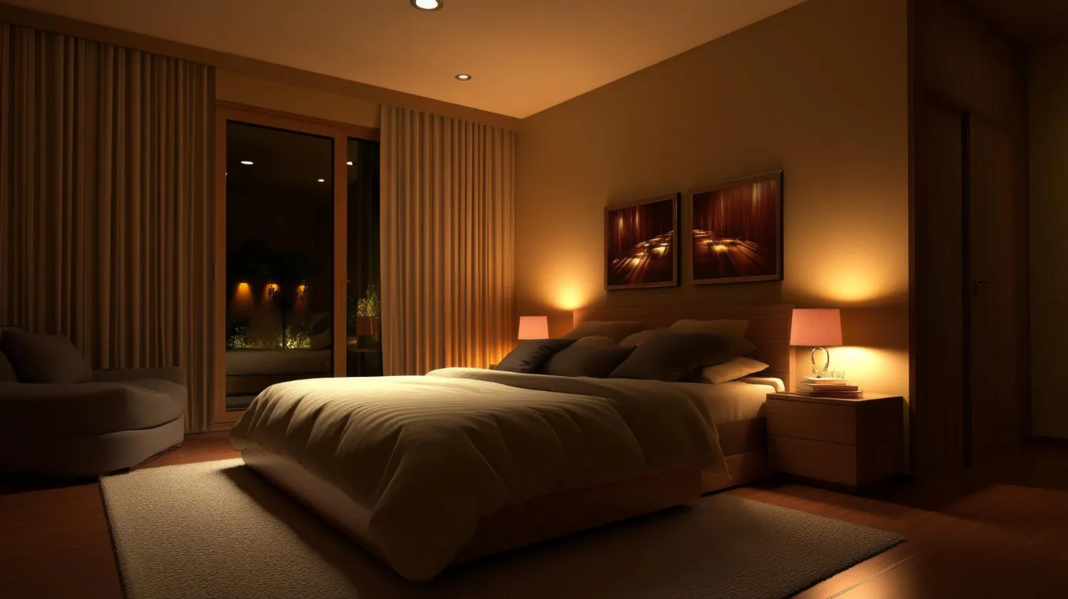 Cozy bedroom at night lit by warm bedside lamps and a soft floor lamp with a golden glow