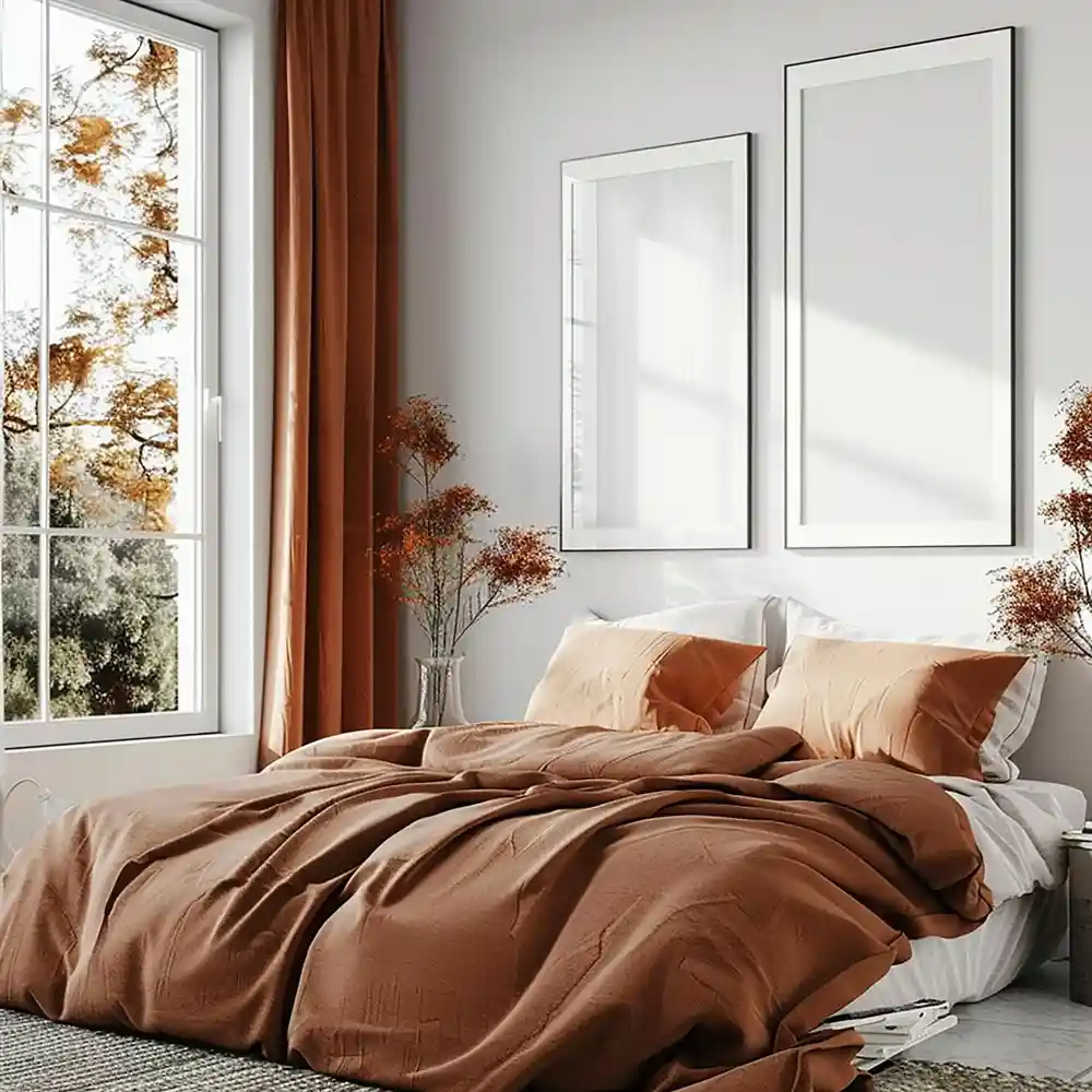 Side-by-side comparison of a cold flat bedroom and a warm layered cozy bedroom