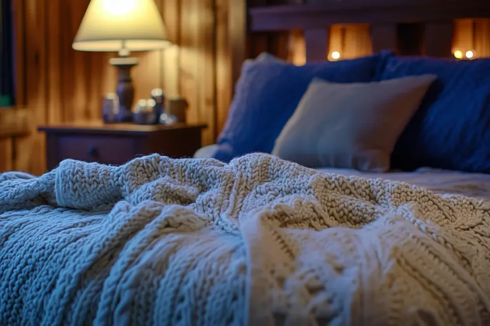 Warm cozy bedroom with layered linen bedding, 2700K bedside lamps, and chunky knit throw at foot of bed