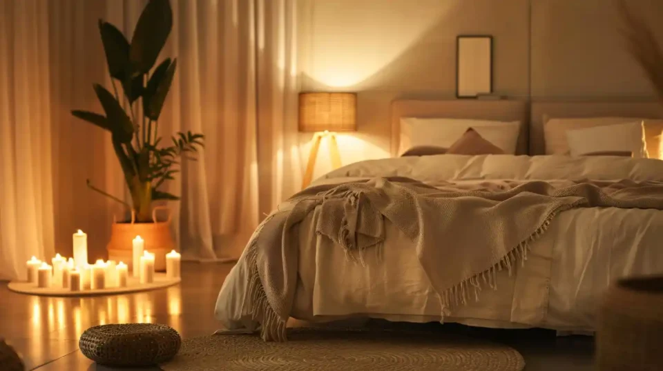Cozy master bedroom with warm mushroom walls, layered linen bed, knit throw, and soft golden lamp light