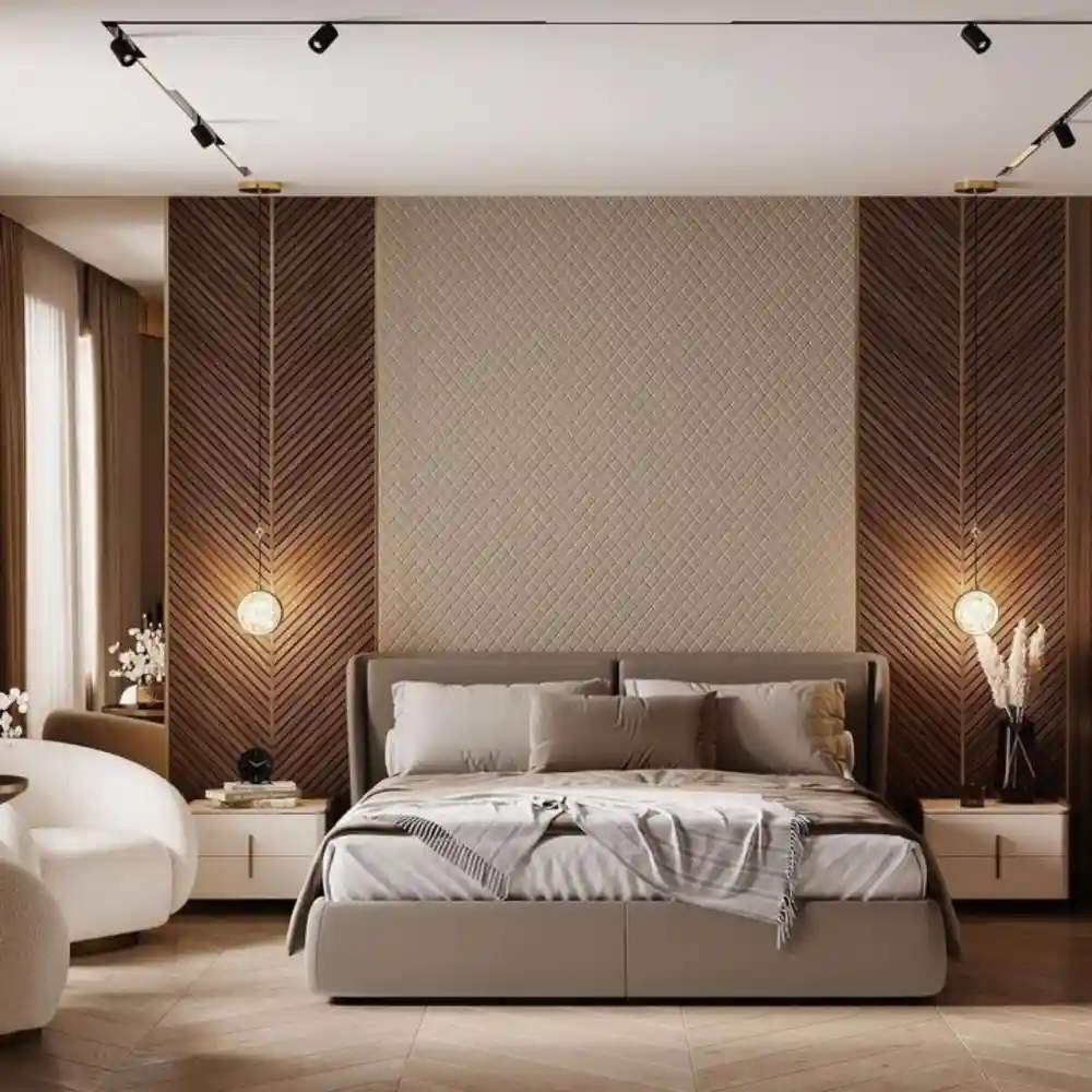 Master bedroom with warm taupe walls, upholstered headboard, and a soft 2700K bedside lamp glow at dusk