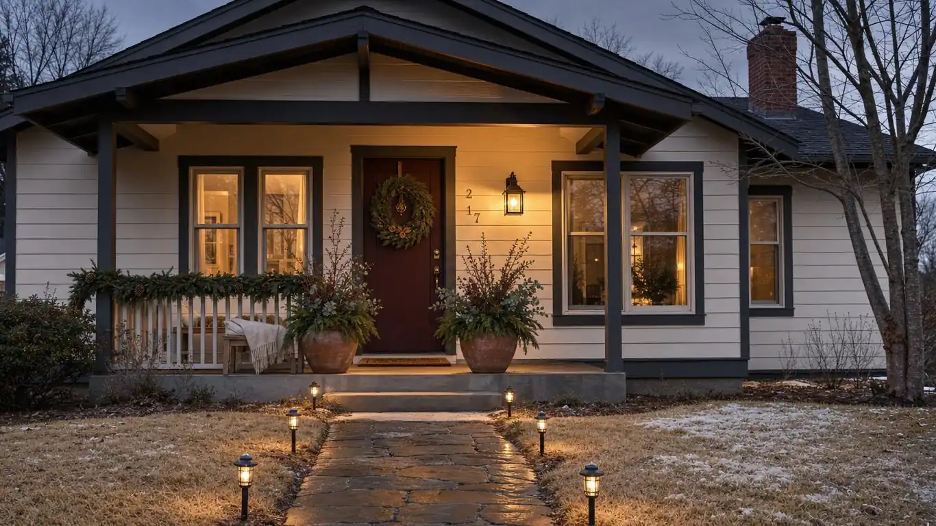 Cozy winter house exterior at dusk with warm porch lantern glow, cedar planters, and fresh wreath on front door
