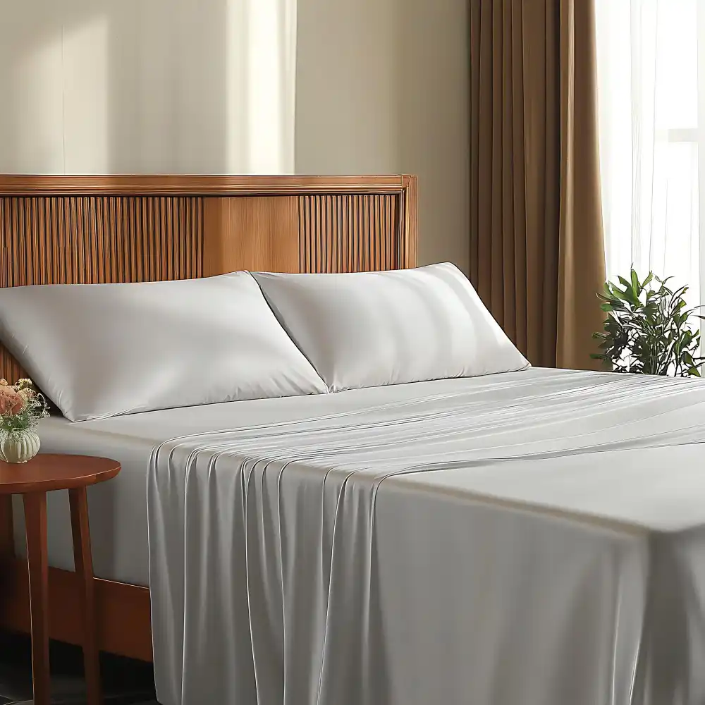 Crisp white fitted and flat sheet base on a bed with a smooth folded-back top edge and hospital corners
