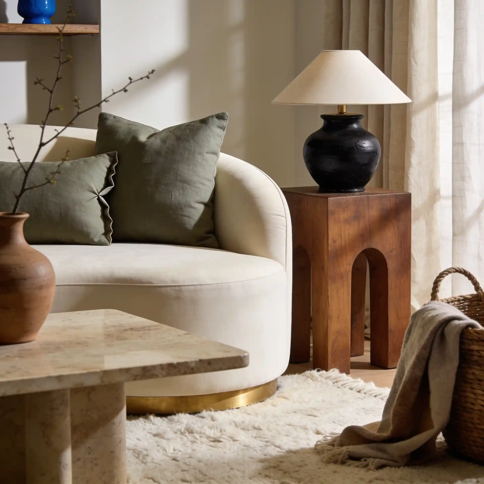 Curved cream sofa with travertine coffee table, oak side table, wool rug, and black ceramic lamp