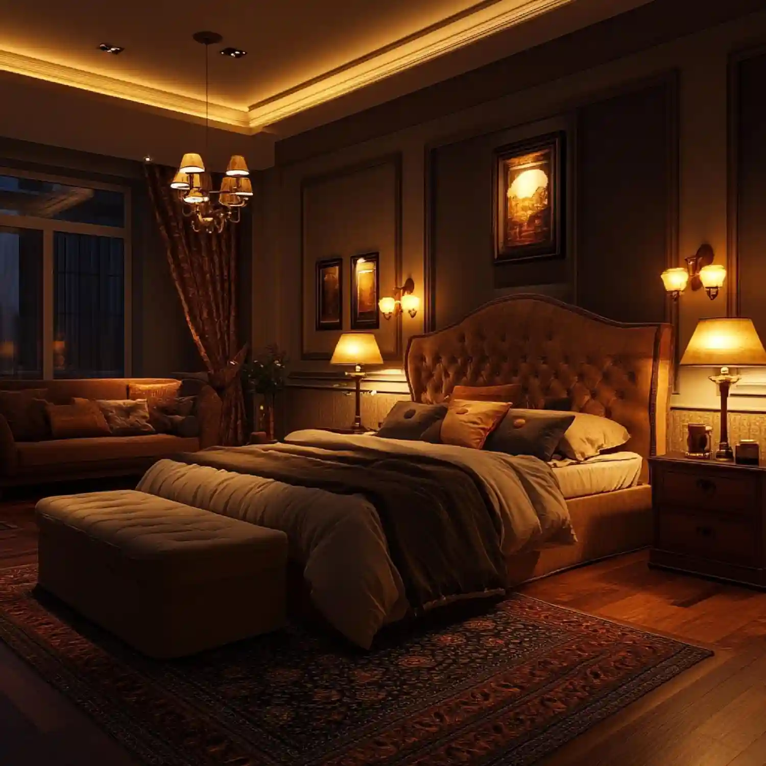 Warm amber-lit dark bedroom interior with forest green walls, layered cream linen bedding, and brass candleholders on a walnut nightstand