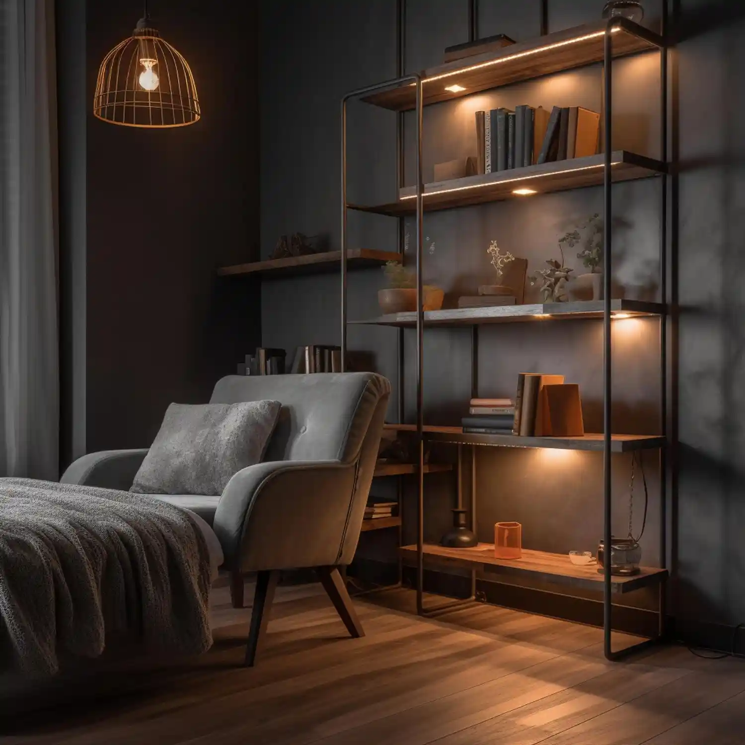 Floor-to-ceiling dark green painted bookshelves beside a bed styled with stacked vintage books, brass candleholders, and botanical prints