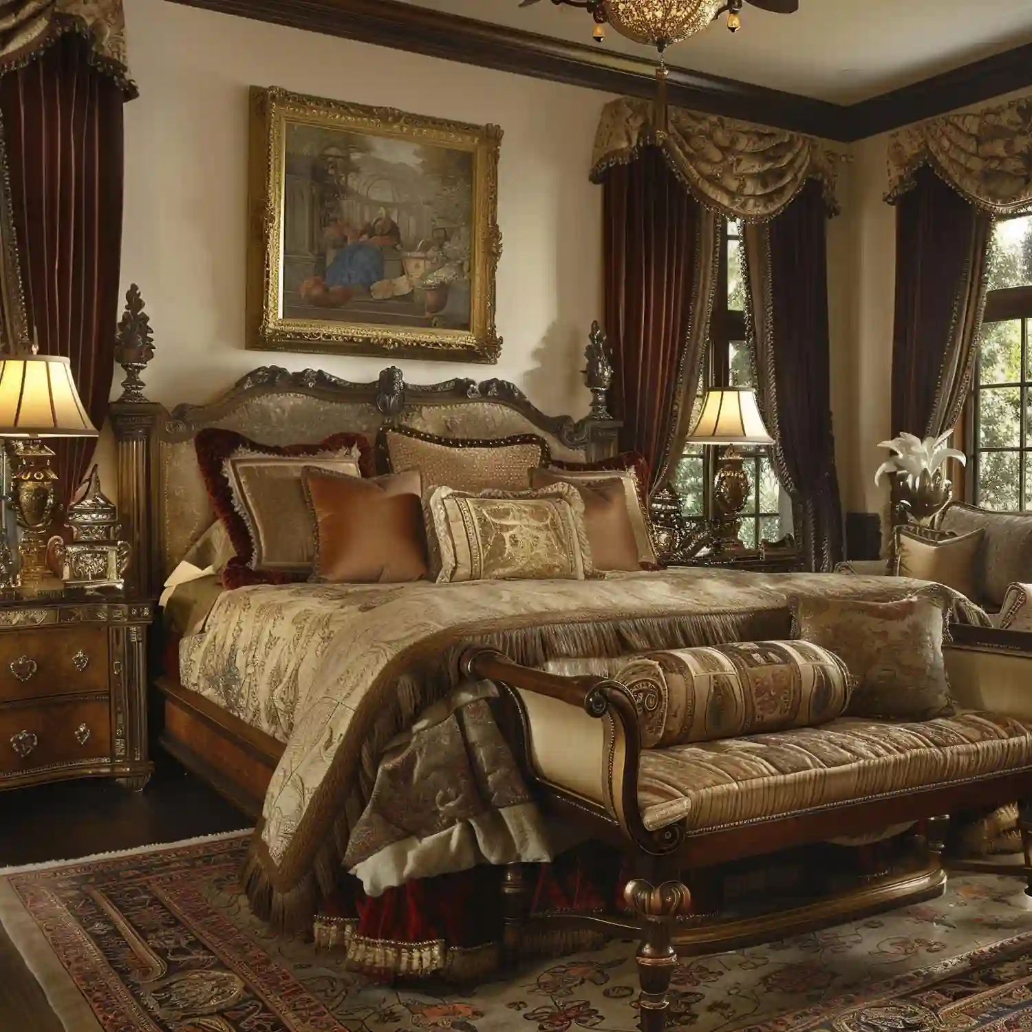 Antique brass wall sconces flanking a navy velvet headboard in a dark academia bedroom with deep green painted walls