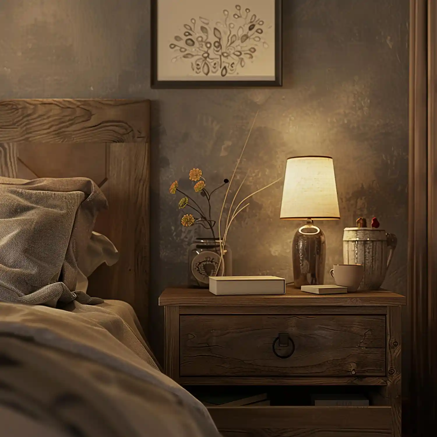 Dark walnut bedroom nightstand and dresser styled with antique brass lamp, leather journal, and small ceramic vase