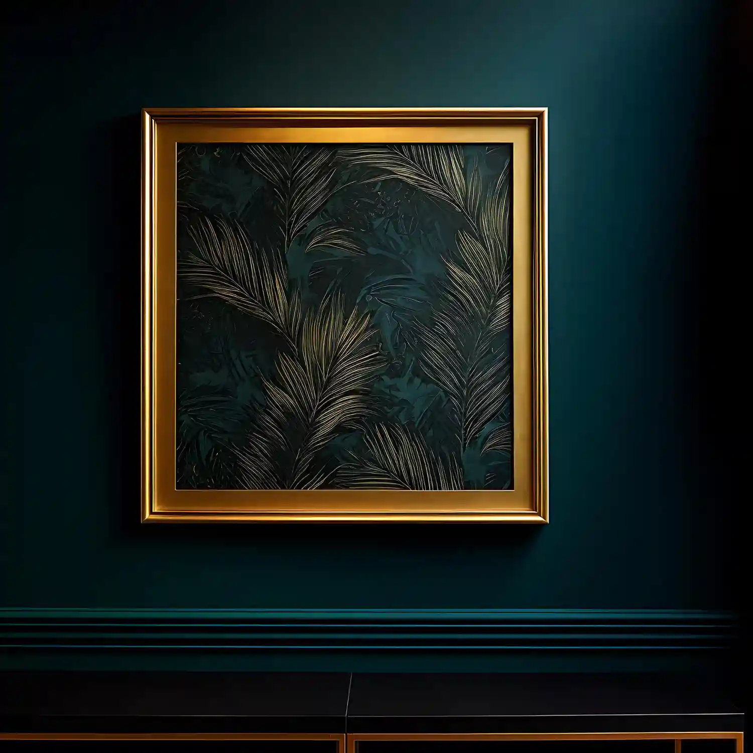 Vintage gallery wall with botanical prints, old maps, and ornate aged-gold frames above a dark walnut writing desk