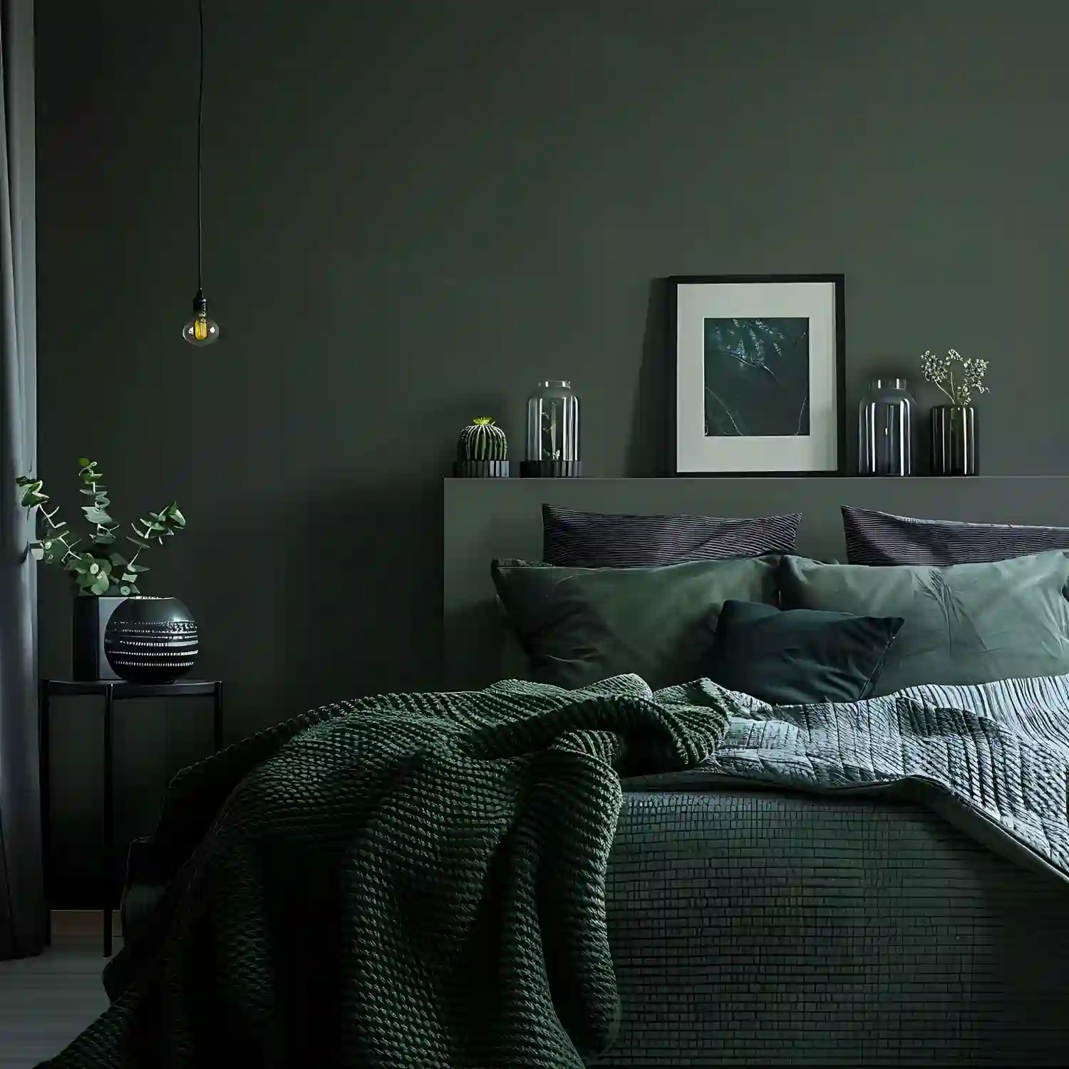 Deep forest green bedroom walls with cream linen duvet, aged walnut nightstand, and warm 2700K brass table lamp
