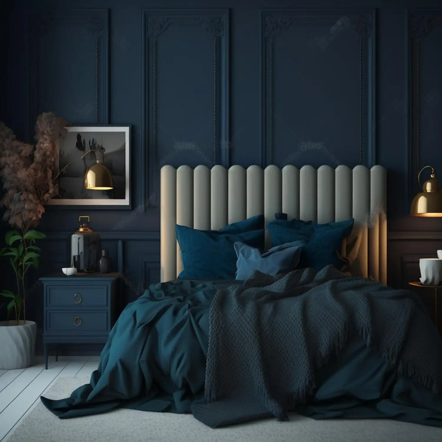 Deep navy velvet channel-stitched headboard on a platform bed with forest green linen duvet and cream linen pillow shams