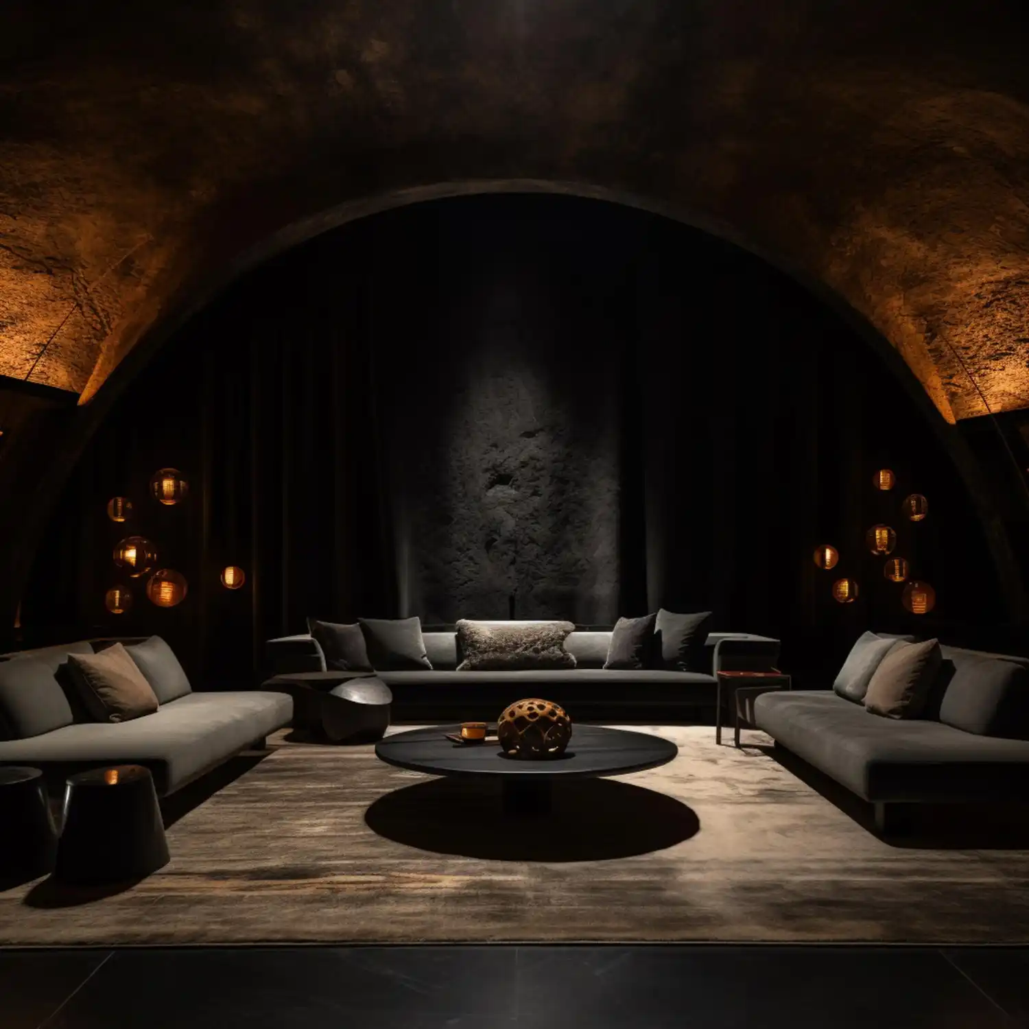 Dark moody man cave with near-black walls, black velvet sofa, brass floor lamp, and LED accent strip behind shelving