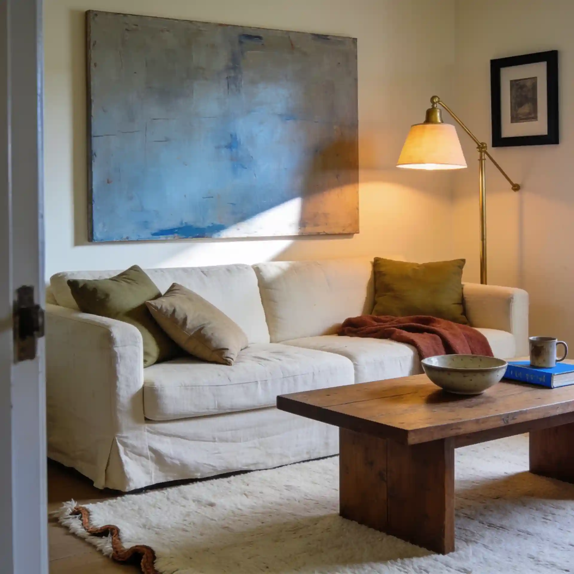 Living room comparison showing cluttered small decor beside a calmer elevated arrangement