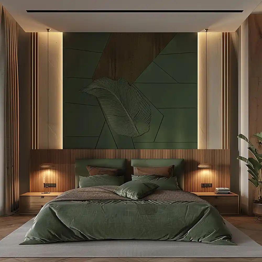 Deep olive green feature wall behind bed with espresso wood, aged brass, and oatmeal linen bedding