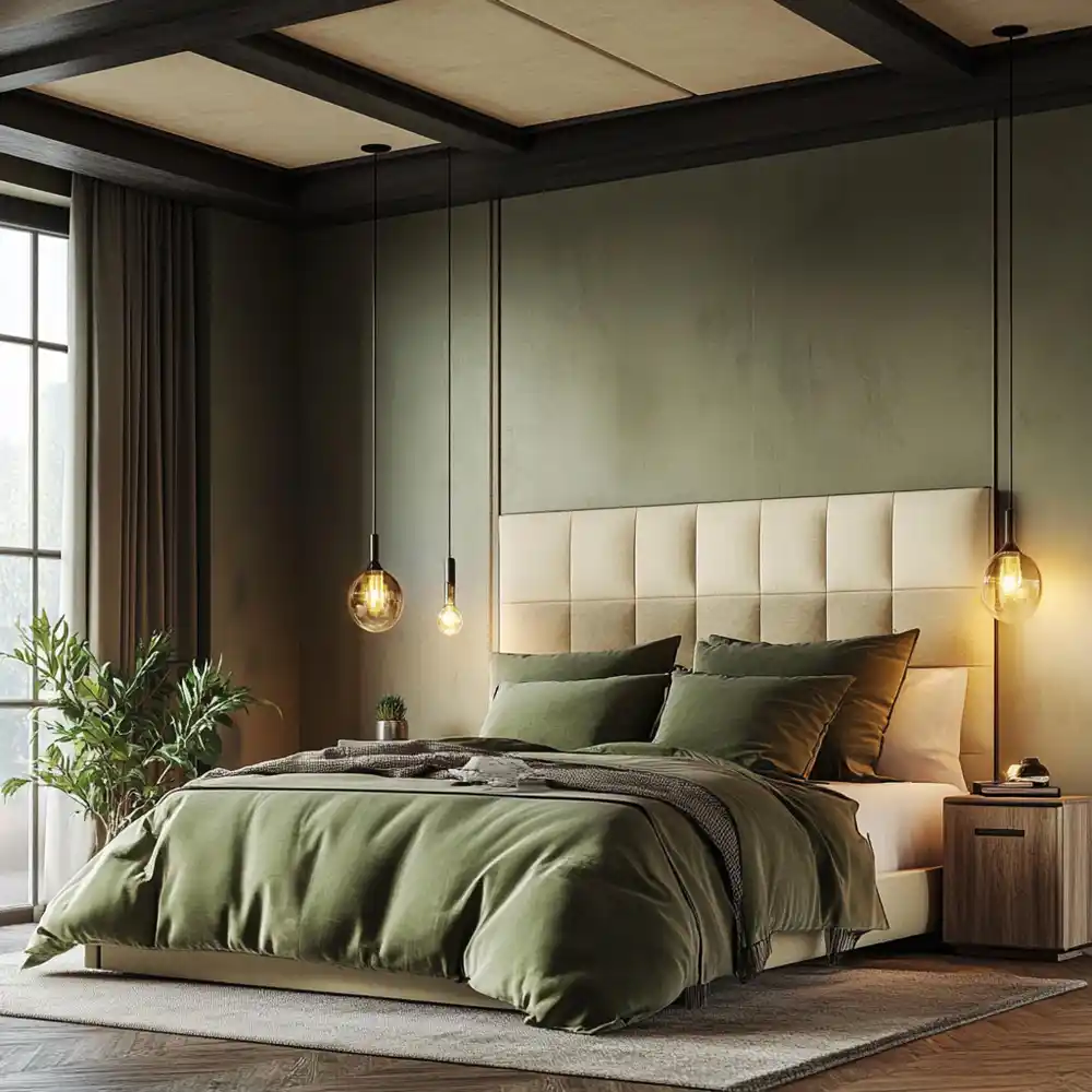 Cozy bedroom in a deeper gray-green sage with cream bedding and a warm lamp glowing at night