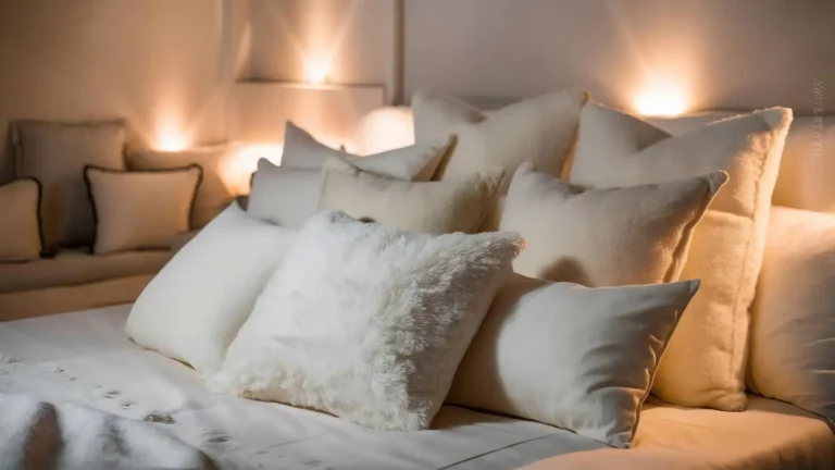Designer-styled bed with layered cream bedding, a tiered pillow stack, a folded throw, and warm lamp light