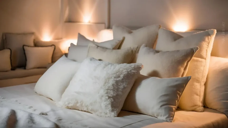 Designer-styled bed with layered cream bedding, a tiered pillow stack, a folded throw, and warm lamp light