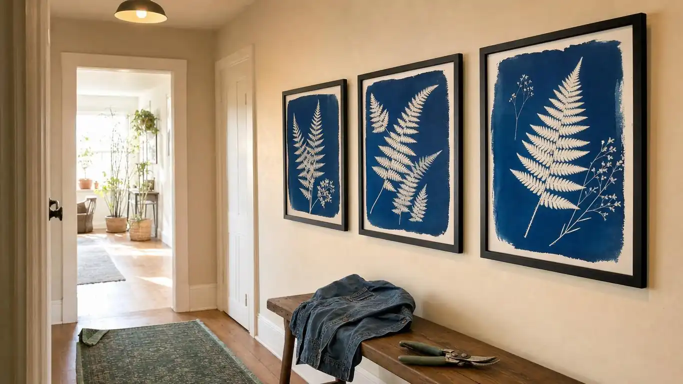 DIY cyanotype sun prints of ferns in deep blue framed and hung in a bright hallway