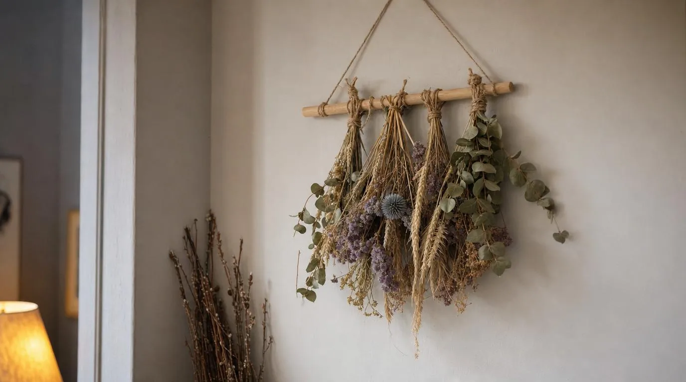Dried flower wall bunch tied to a wood dowel with twine hanging flat against a neutral wall