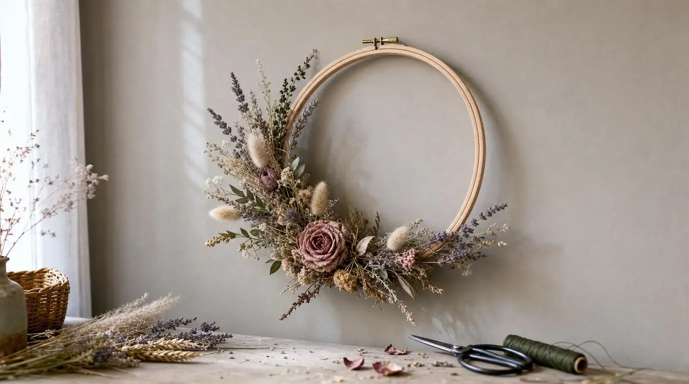 DIY embroidery hoop dried floral hanging with a soft arc of lavender and bunny tails on a wood hoop