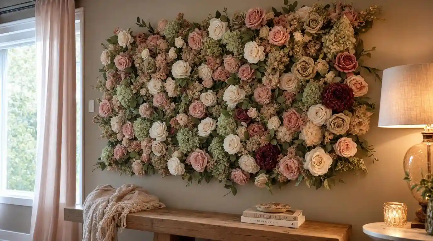 Lush faux flower wall panel of matte silk blooms creating a statement focal wall