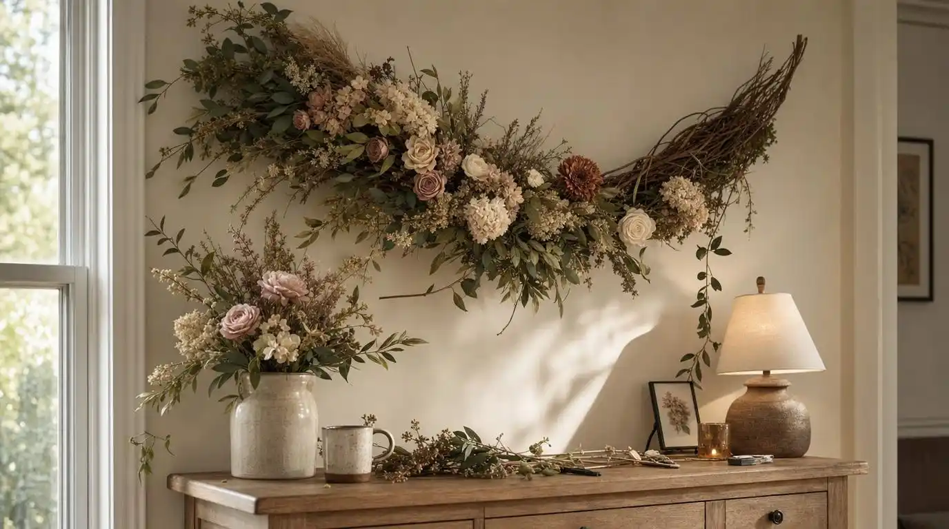 Grapevine floral swag layered with dried flowers and trailing greenery above a console