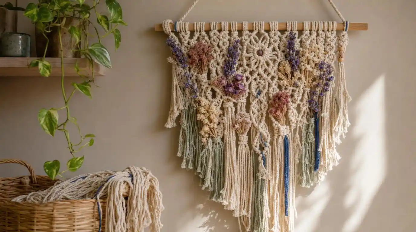Floral macramé wall hanging with knotted cord and dried flowers tucked into the weave
