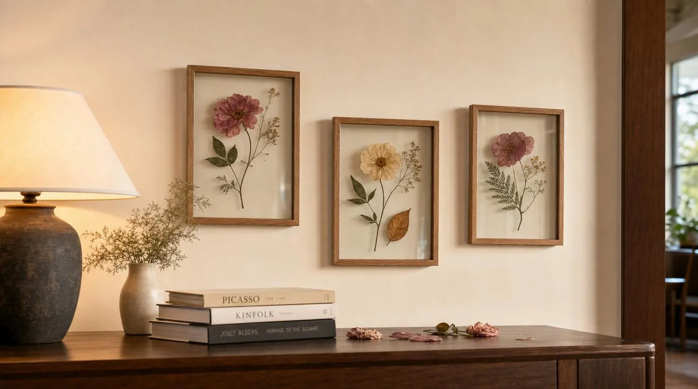 Pressed flower glass frame set of three showing delicate botanical blooms as modern wall art