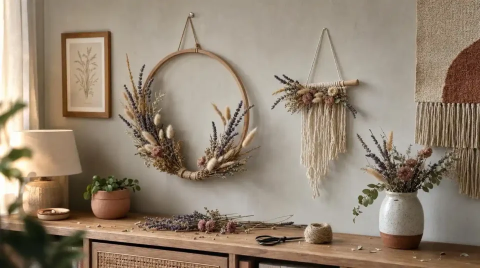 Elegant DIY floral wall hangings on a wall with a dried flower embroidery hoop and macramé piece