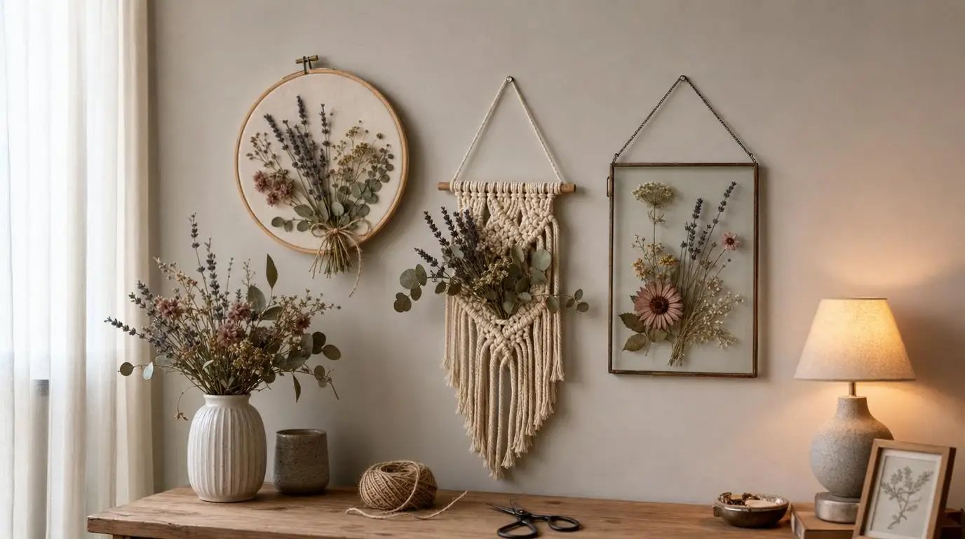 DIY floral wall hangings styled together showing dried, pressed, and faux flower pieces
