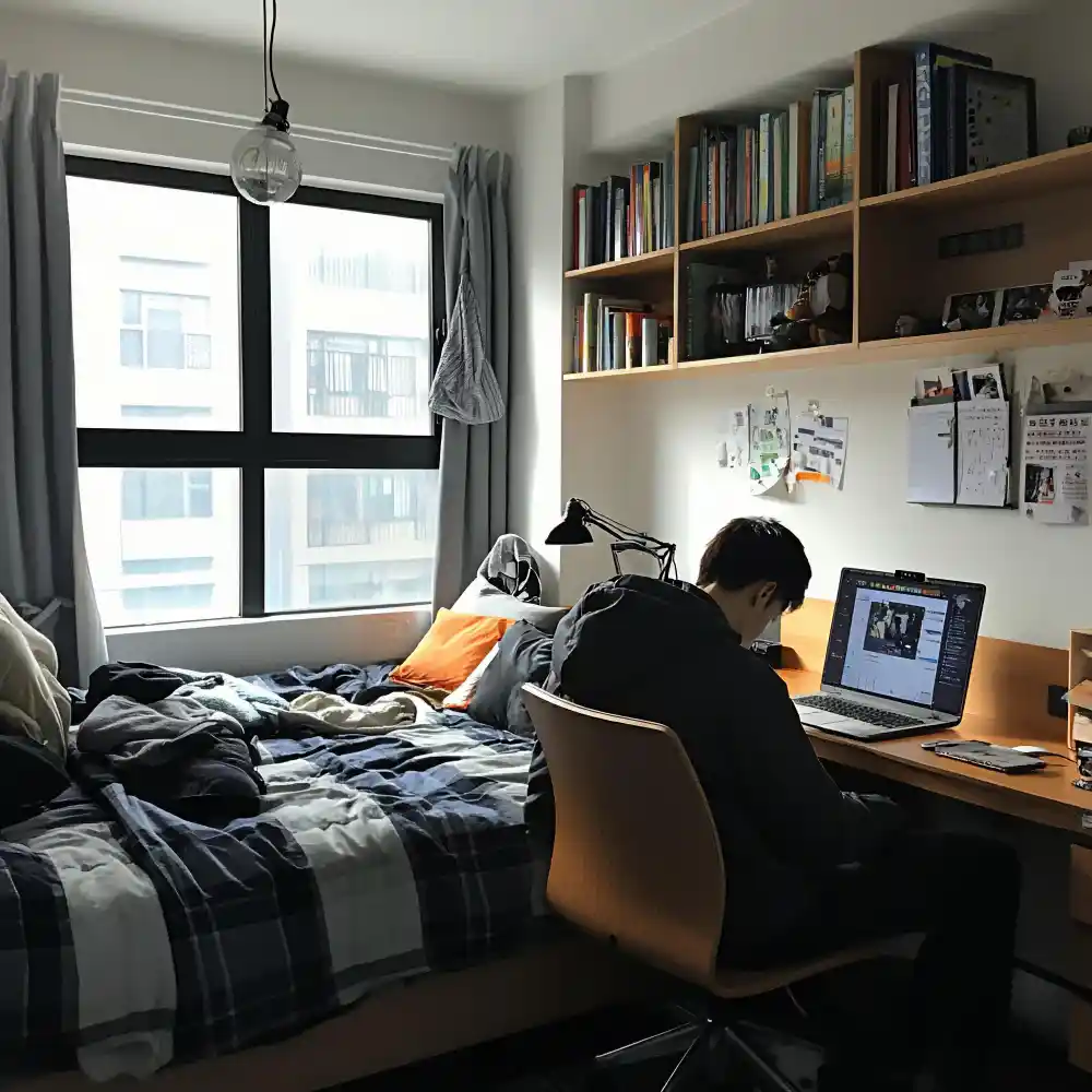 College dorm desk positioned facing a window with a small mirror beside it to reflect natural light across the room