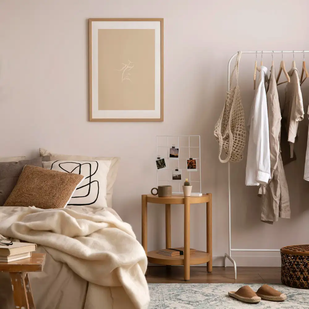 Dorm room gallery wall with mixed-size frames in warm neutrals hung with Command strips, including photos and art prints