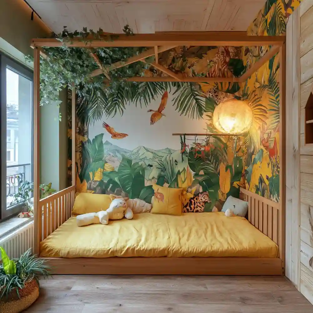 Dorm room Twin XL bed against a peel-and-stick botanical wallpaper accent wall in warm sage and cream tones