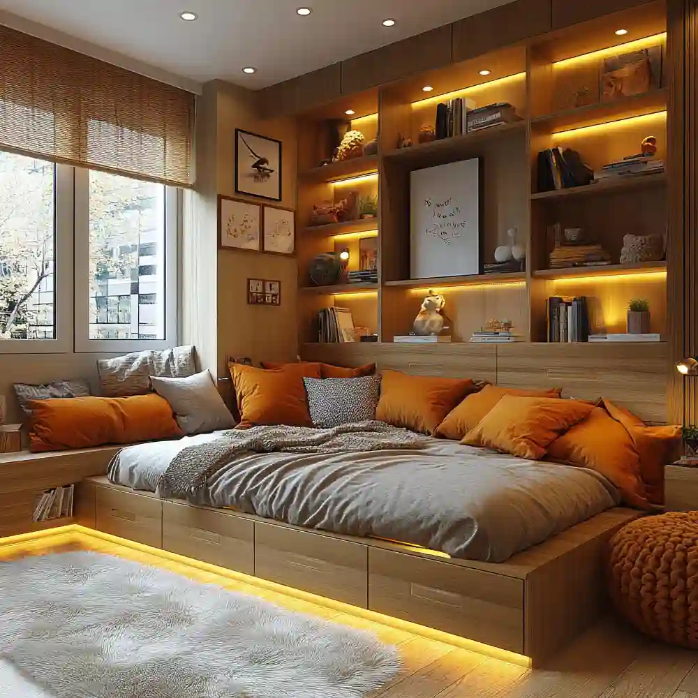 Compact dorm room with lofted bed, under-bed bins, slim desk, over-door hooks, and a warm lamp