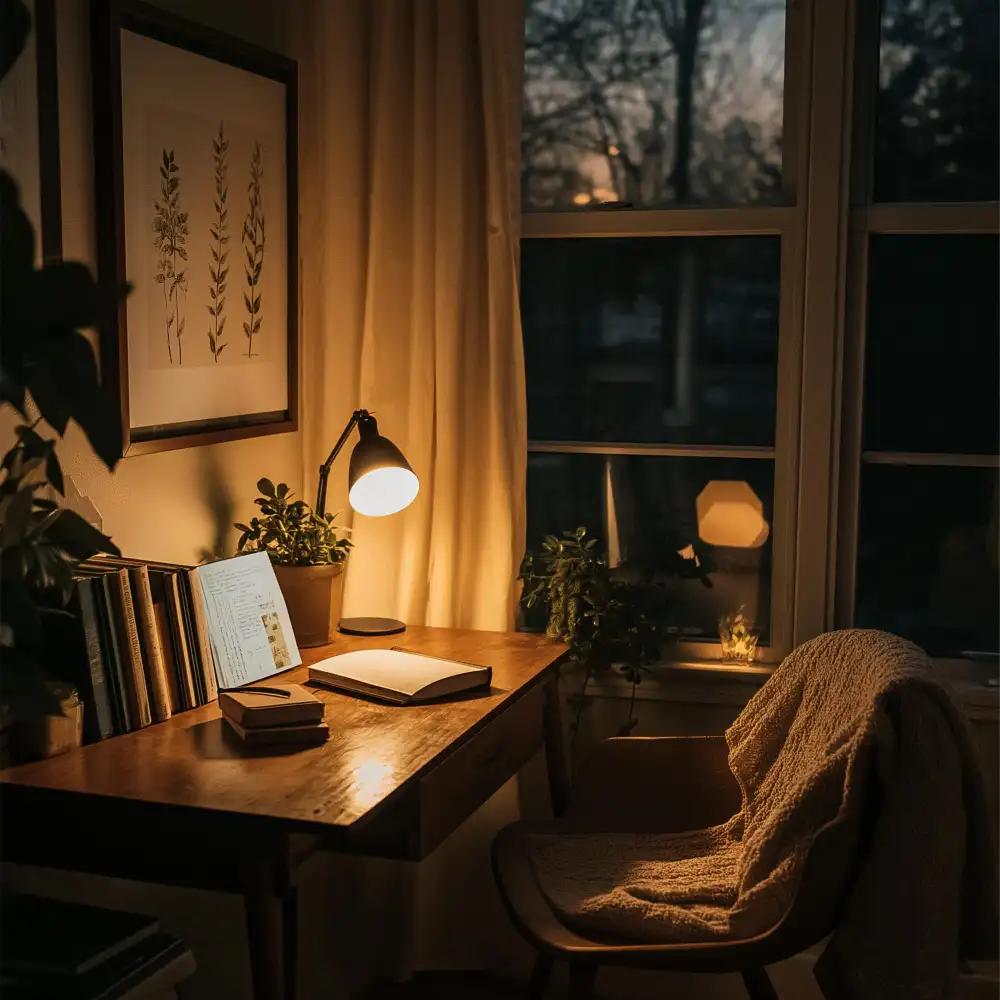 Cozy dorm room corner at dusk with two warm 2700K USB lamps on desk and nightstand replacing harsh overhead light
