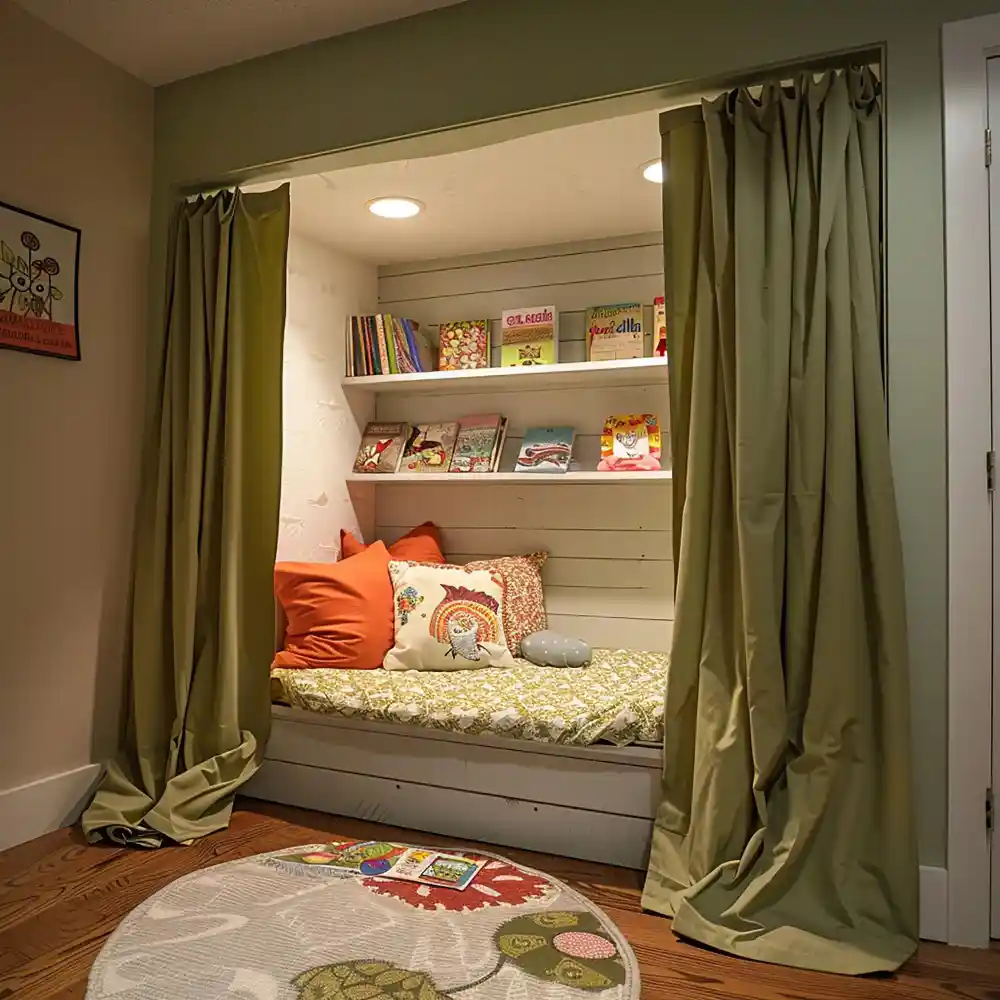 Shared dorm room ideas showing a 5x8 jute rug under the bed and a sheer curtain panel dividing the two halves