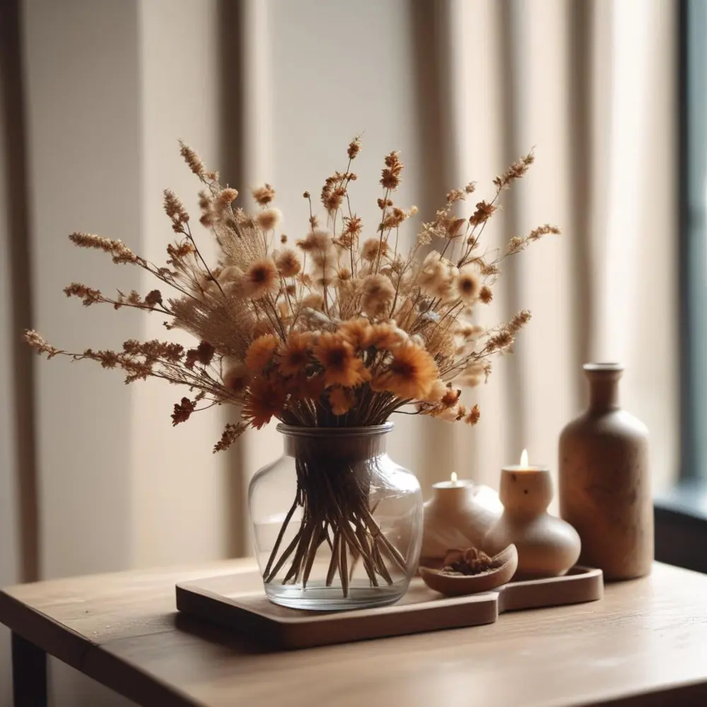 Tall dried pampas grass stem in a matte ceramic vase beside a bedroom dresser in warm autumn lamplight