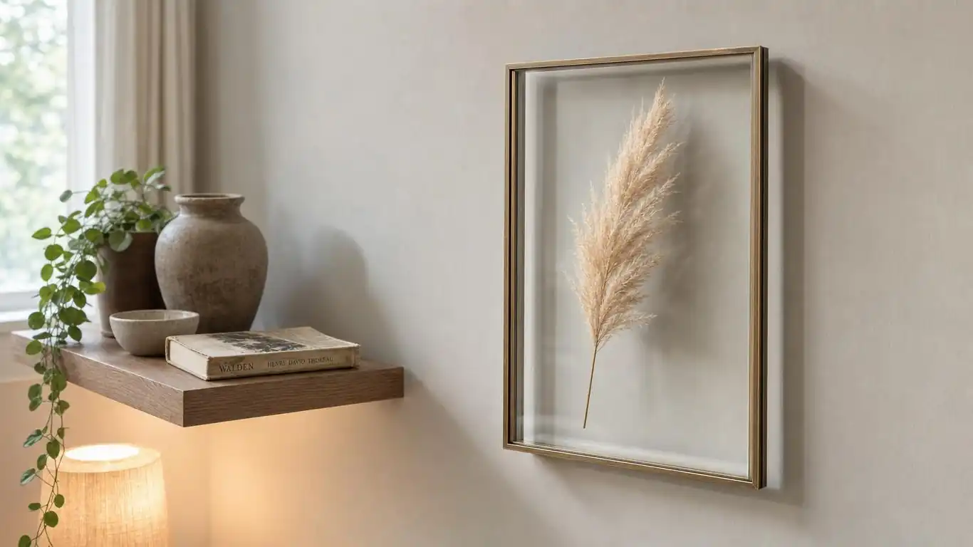 Dried pampas grass floating in a clear glass frame with brass edges on a minimalist wall