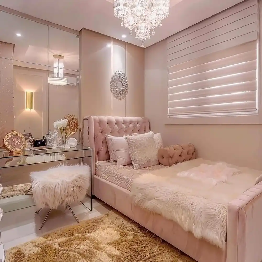Dusty rose matte accent wall behind bed with warm white trim and oak wood nightstand