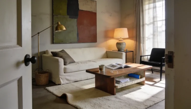 Living room decor ideas with cream sofa, wool rug, oversized art, warm lamps, and walnut table