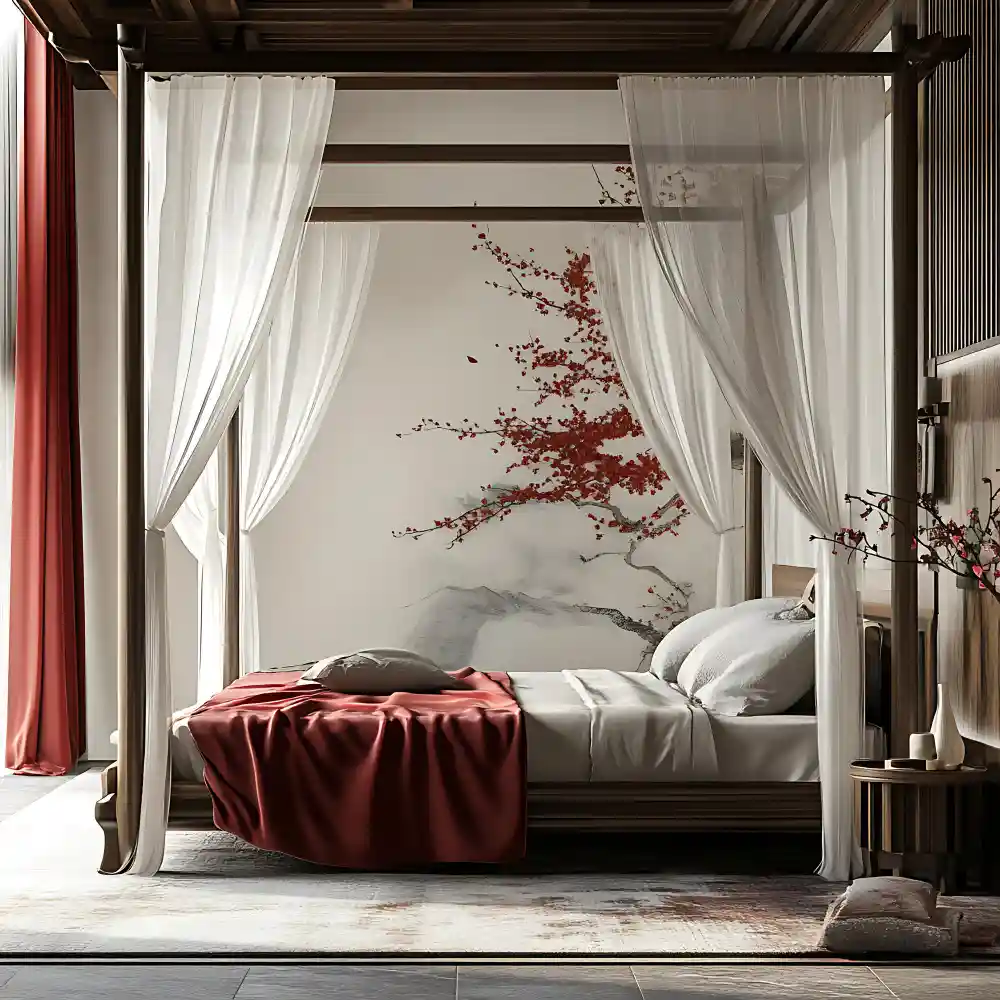 Oversized cream linen fabric panel hung on adhesive hooks as a headboard backdrop in a rental bedroom