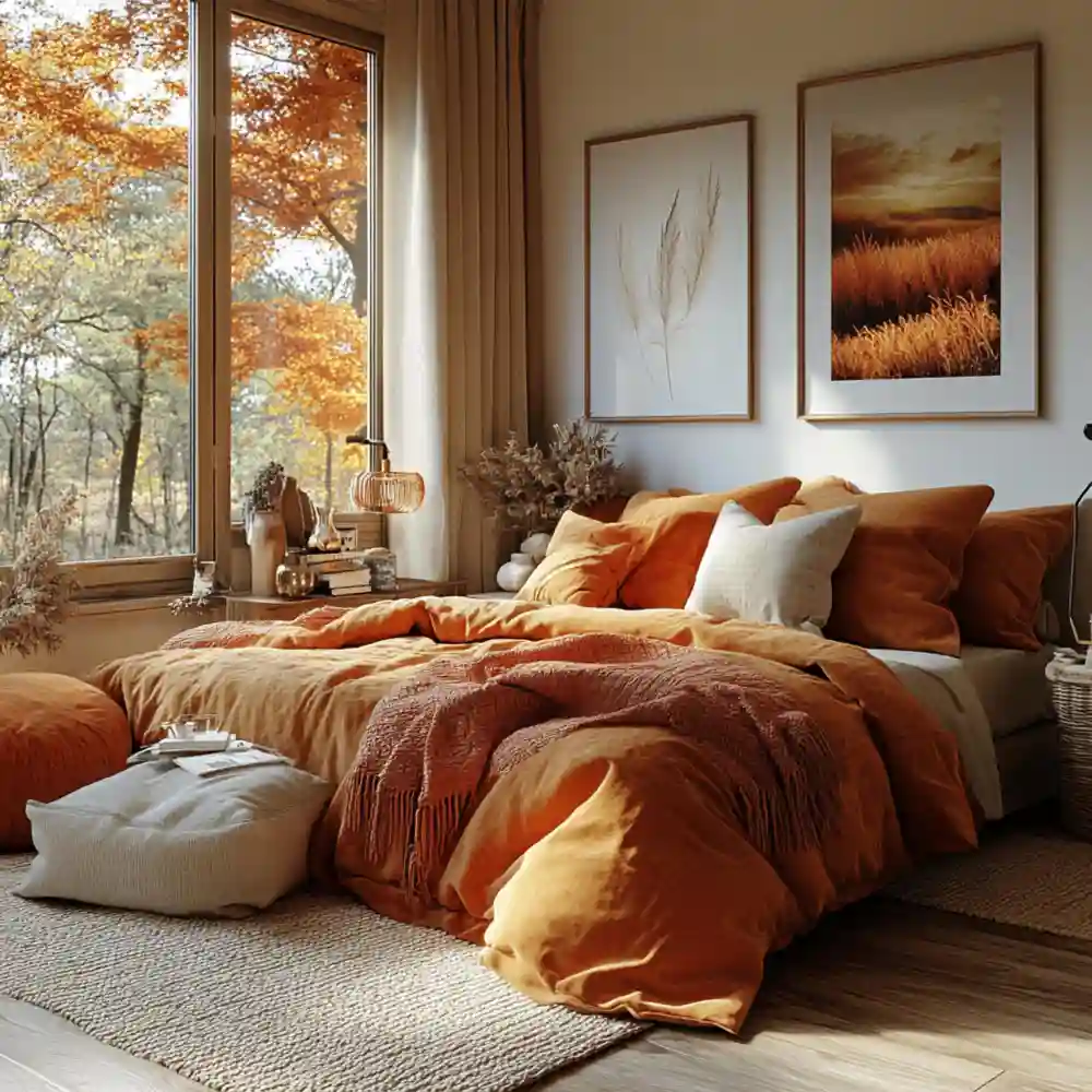 Pre-washed oatmeal linen duvet draped on a queen bed in a warm fall bedroom with wooden nightstand and amber lamp