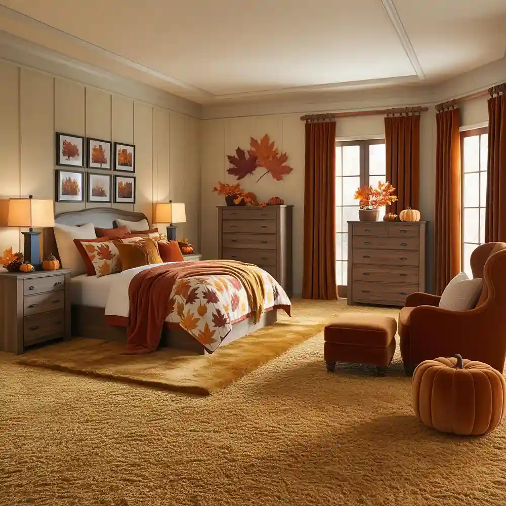 Oatmeal wool area rug under a queen bed in a fall bedroom with 18-inch overhang on each side and warm lamplight