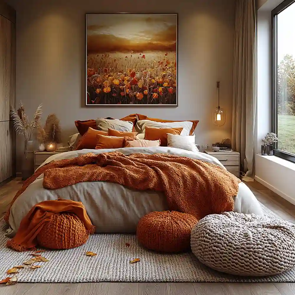 Fall bedroom refresh ideas shown through terracotta and rust velvet pillow covers layered on a cream linen duvet